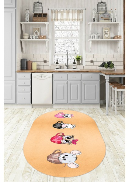 Dijital Baskılı Kaymaz Yıkanabilir Renkli Modern Oval Mutfak Halısı, N-O-Mutfak-07-Turuncu,