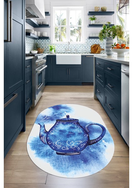 Dijital Baskılı Kaymaz Yıkanabilir Renkli Modern Oval Mutfak Halısı, N-O-Mutfak-23-Mavi,