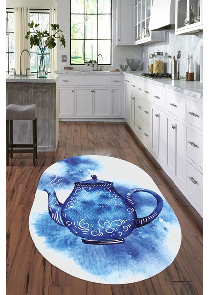 Dijital Baskılı Kaymaz Yıkanabilir Renkli Modern Oval Mutfak Halısı, N-O-Mutfak-23-Mavi, fiyatları