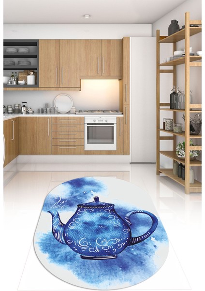 Dijital Baskılı Kaymaz Yıkanabilir Renkli Modern Oval Mutfak Halısı, N-O-Mutfak-23-Mavi, fırsatları