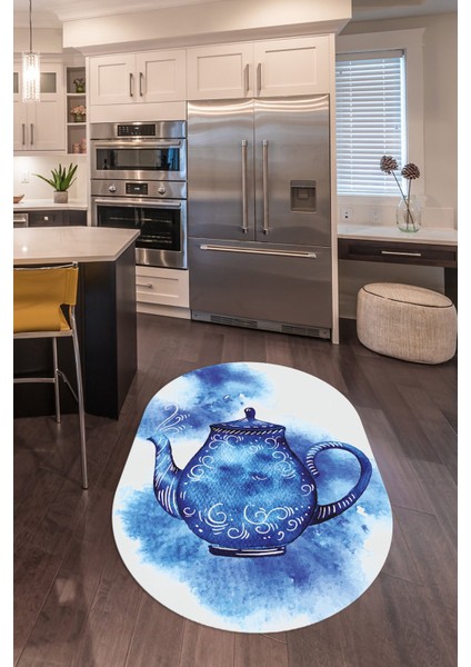 Dijital Baskılı Kaymaz Yıkanabilir Renkli Modern Oval Mutfak Halısı, N-O-Mutfak-23-Mavi, indirimleri