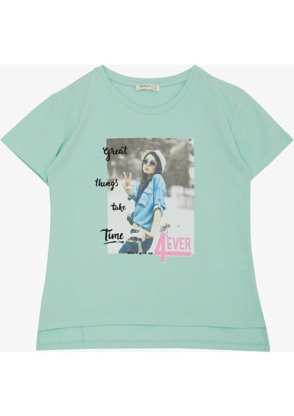 Kız Çocuk Tişört Havalı Kız Baskılı 8-14 Yaş, Su Yeşili