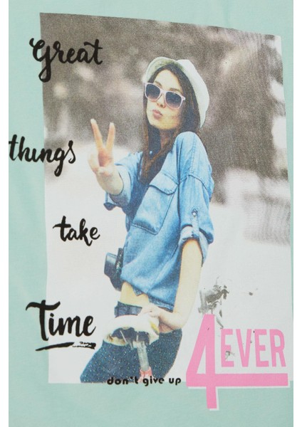 Kız Çocuk Tişört Havalı Kız Baskılı 8-14 Yaş, Su Yeşili fırsatları