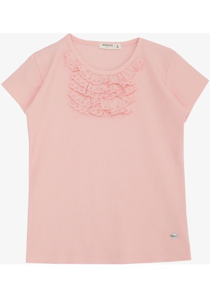 Kız Çocuk Tişört Güpürlü Fitilli 4-8 Yaş, Somon