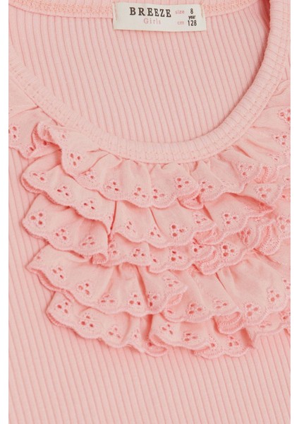 Kız Çocuk Tişört Güpürlü Fitilli 4-8 Yaş, Somon modelleri