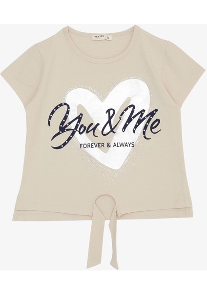 Kız Çocuk Tişört Belden Bağlamalı Taşlı Yazı Baskılı 7-12 Yaş, Bej