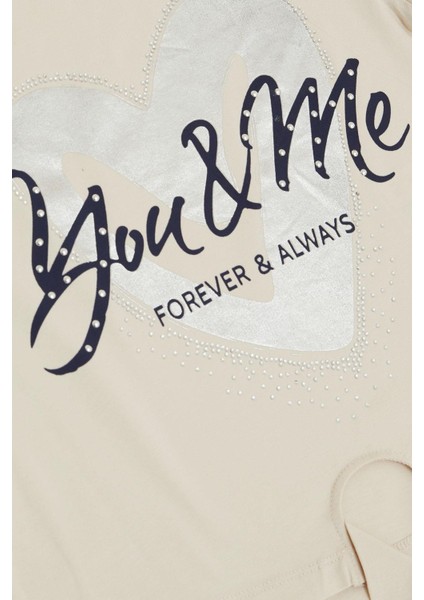 Kız Çocuk Tişört Belden Bağlamalı Taşlı Yazı Baskılı 7-12 Yaş, Bej fırsatları