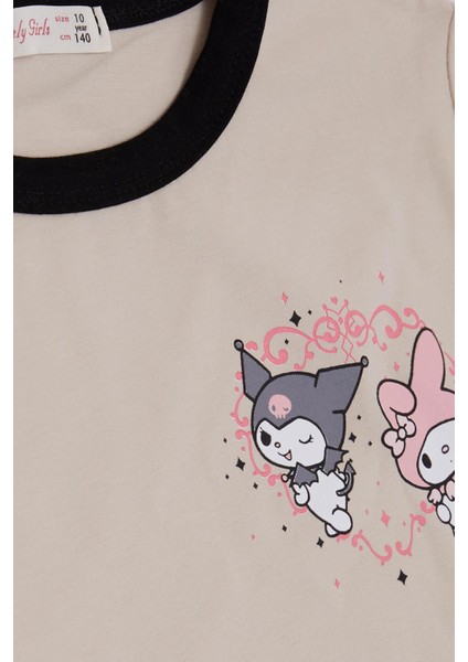 Kız Çocuk Tişört Crop Çizgi Film Karekter Kuromi & My Melody Baskılı 9-16 Yaş, Bej modelleri