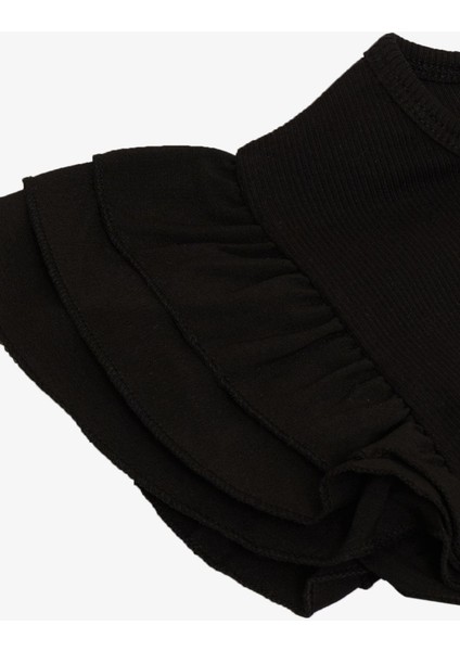 Kız Çocuk Tişört Kemer Boy Kolları Krep Kumaş Fırfırlı Yazı Baskılı 8-12 Yaş, Siyah
