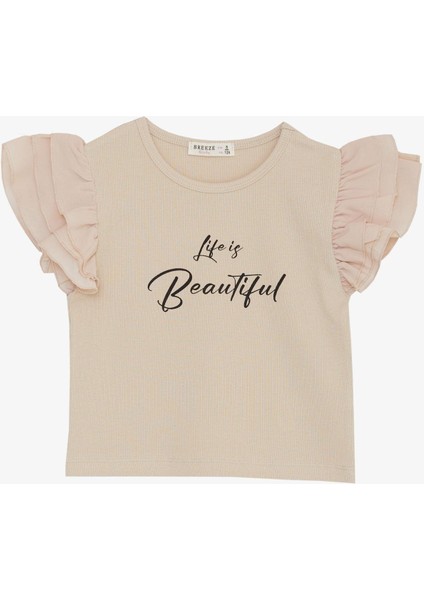 Kız Çocuk Tişört Kemer Boy Kolları Krep Kumaş Fırfırlı Yazı Baskılı 8-12 Yaş, Bej