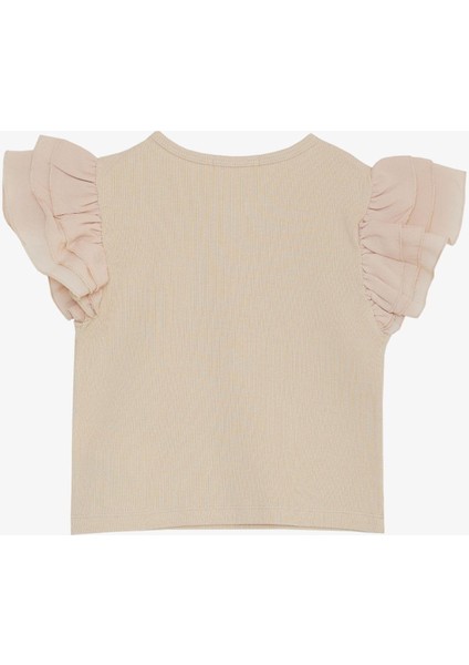 Kız Çocuk Tişört Kemer Boy Kolları Krep Kumaş Fırfırlı Yazı Baskılı 8-12 Yaş, Bej fiyatları