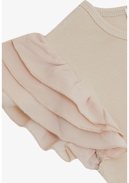 Kız Çocuk Tişört Kemer Boy Kolları Krep Kumaş Fırfırlı Yazı Baskılı 8-12 Yaş, Bej modelleri