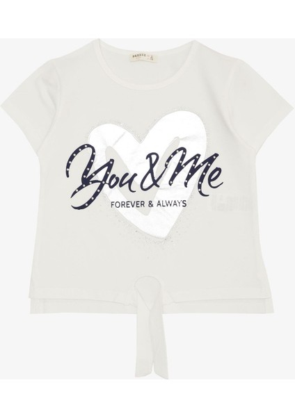 Kız Çocuk Tişört Belden Bağlamalı Taşlı Yazı Baskılı 7-12 Yaş, Ekru