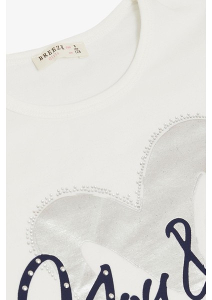 Kız Çocuk Tişört Belden Bağlamalı Taşlı Yazı Baskılı 7-12 Yaş, Ekru modelleri