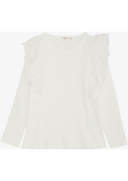 Kız Çocuk Uzun Kollu Bluz Güpür Çiçek Nakışlı 8-12 Yaş, Ekru