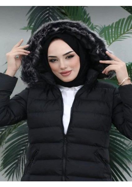 Siyah Kadın Kapüşonlu Kürklü Tesettür Şişme Mont fırsatları