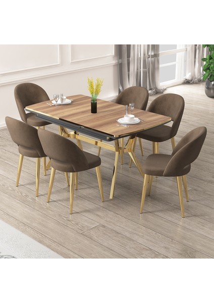 Weps Serisi 89X150 Açılabilir Lak Panel Hazar Masa Takımı 6 Kahve Sandalye