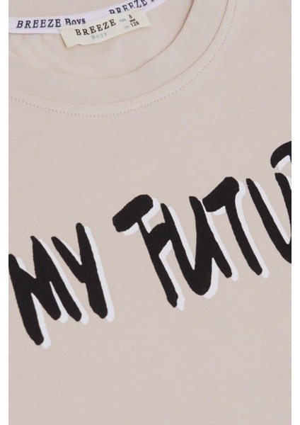 Erkek Çocuk Tişört Gelecek Temalı Yazılı Baskılı 8-14 Yaş, Bej modelleri