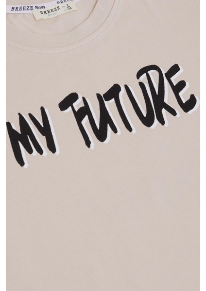 Erkek Çocuk Tişört Gelecek Temalı Yazılı Baskılı 8-14 Yaş, Bej fırsatları