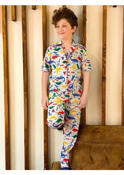 Jolly Kids Erkek Çocuk Gri Dinazor Baskılı Yazlık Pijama Takım