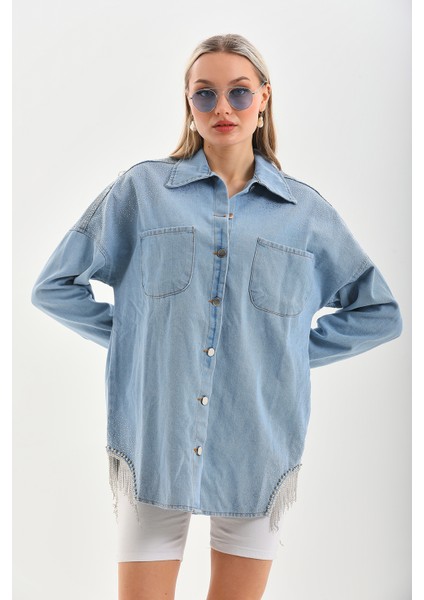 Taşlı Detaylı Vintage Denim Gömlek