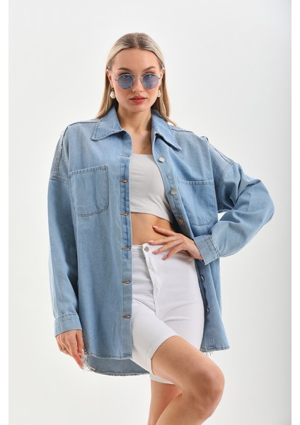 Taşlı Detaylı Vintage Denim Gömlek