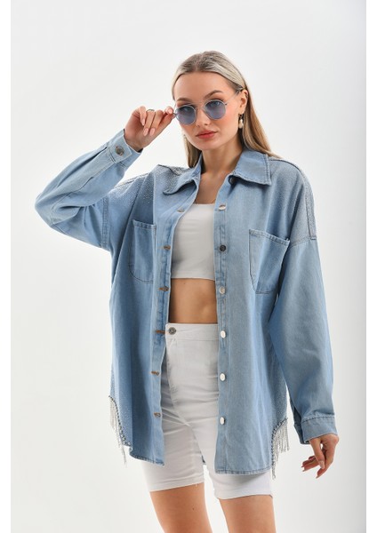 Taşlı Detaylı Vintage Denim Gömlek