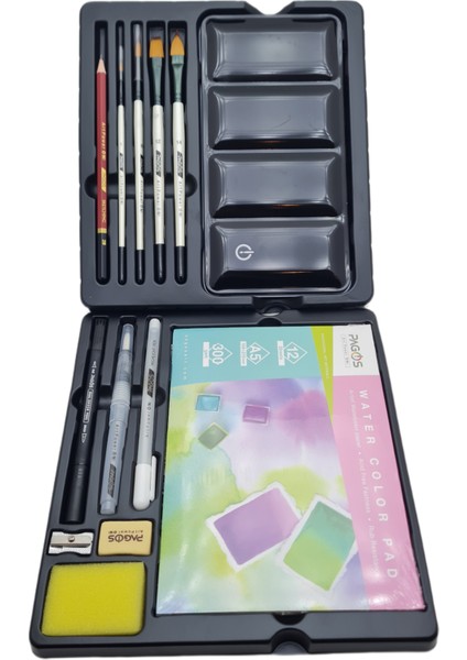 Çantalı Metal Kutulu 36 'lı Profesyonel Sulu Boya Seti 300 gr Defter + Fırça ve Kalemler modelleri