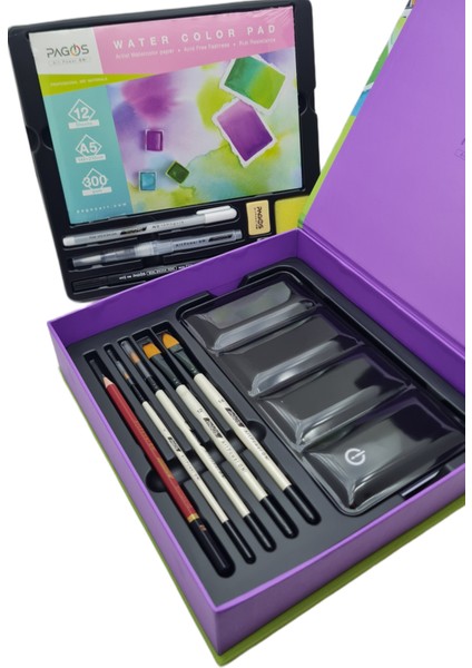 Çantalı Metal Kutulu 36 'lı Profesyonel Sulu Boya Seti 300 gr Defter + Fırça ve Kalemler fırsatları