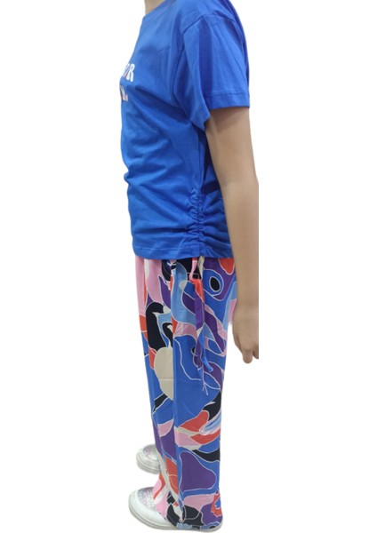 Kız Çocuk Make Your Dreams Yazı Desenli Tişörtü Yanlardan Büzgülü Mavi Renk Pantolonlu Takım fiyatları