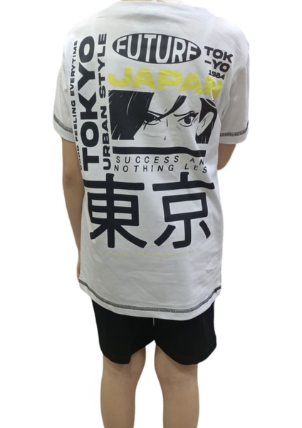Erkek Çocuk Önü Japonca Yazılı Sırtı Yazılı Resim Desenli Beyaz Renk Şortlu Takım fiyatları