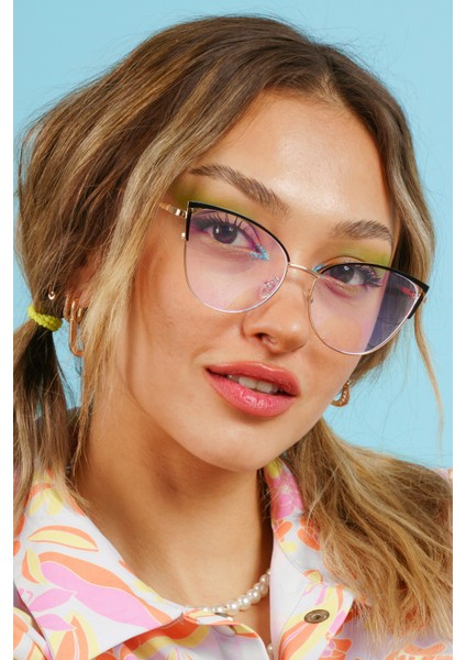 Tekno Trust Siyah Astrid Siyah Cat Eye Gözlük (Mavi Işık Filtreli) Metal Şeffaf Mat 52 UV400 Siyah Cat Eye