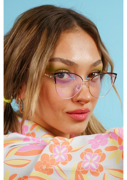 Tekno Trust Siyah Astrid Siyah Cat Eye Gözlük (Mavi Işık Filtreli) Metal Şeffaf Mat 52 UV400 Siyah Cat Eye