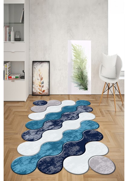 Dijital Baskılı Kaymaz Taban Yıkanabilir Lazer Kesim Yolluk Mutfak Salon Halısı, N-Lazer-02-Mavi,