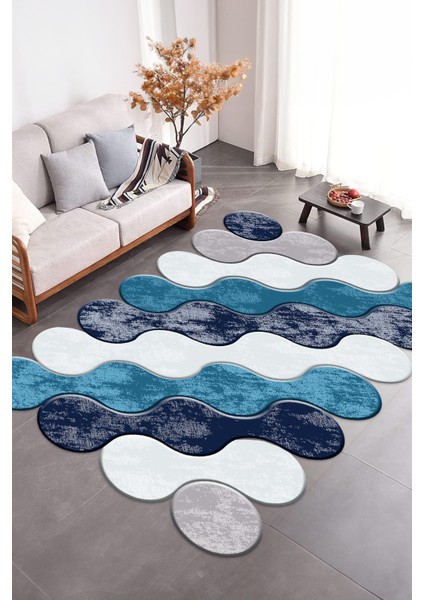 Dijital Baskılı Kaymaz Taban Yıkanabilir Lazer Kesim Yolluk Mutfak Salon Halısı, N-Lazer-02-Mavi, indirimleri