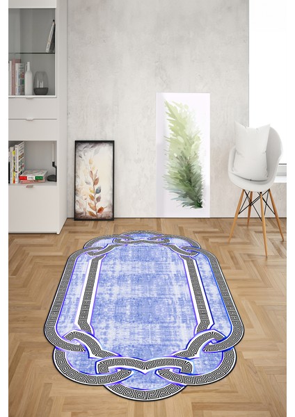 Dijital Baskılı Kaymaz Taban Yıkanabilir Lazer Kesim Yolluk Mutfak Salon Halısı, N-Lazer-03-Mavi,
