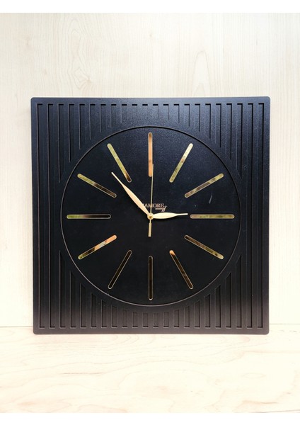 Line Efektli Siyah - Gold 40X40 Kare Tasarım Ahşap Duvar Saati