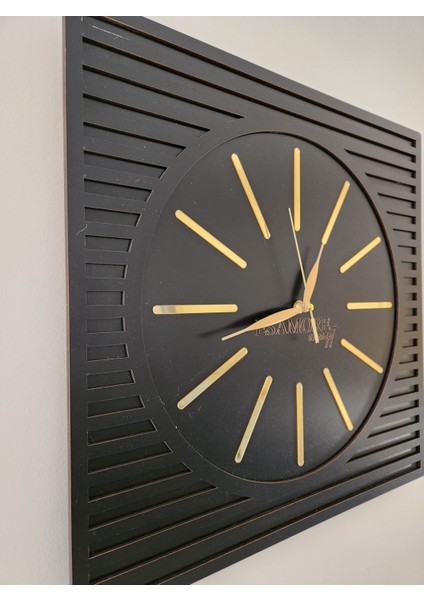 Line Efektli Siyah - Gold 40X40 Kare Tasarım Ahşap Duvar Saati