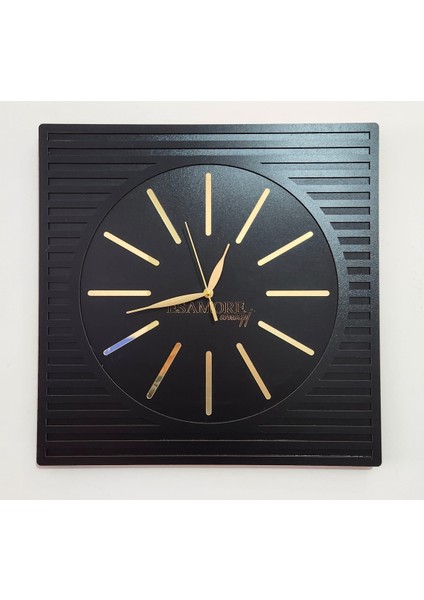 Line Efektli Siyah - Gold 40X40 Kare Tasarım Ahşap Duvar Saati
