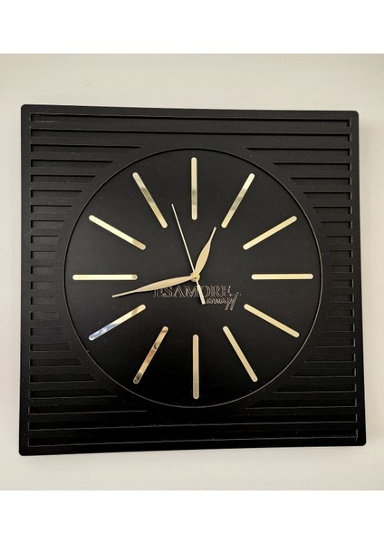 Line Efektli Siyah - Gold 40X40 Kare Tasarım Ahşap Duvar Saati