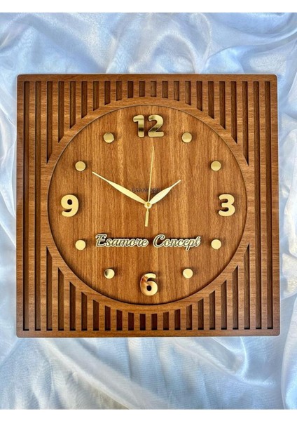 Kare Gold Rakamlı Kişiselleştirilebilir 50*50 cm Duvar Saati - Ahşap Duvar Saati - Büyük Duvar Saati