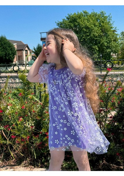 Yigit Butik Baskılı Tüllü Kız Çocuk Elbise