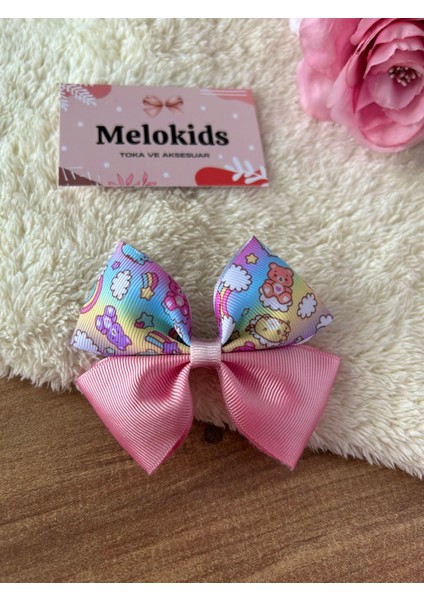 Melo Kids Ayıcık Desen Pembe Klipsli Kurdele Toka