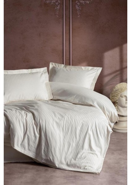 Çift Kişilik Saten Nevresim Takımı Elegante - Stripe Ekru
