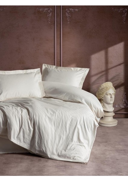 Çift Kişilik Saten Nevresim Takımı Elegante - Stripe Ekru