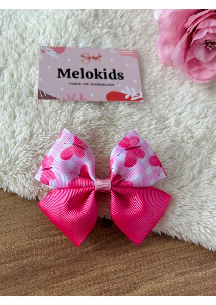 Melo Kids Kelebek Desenli Pembe Klipsli Kurdele Toka