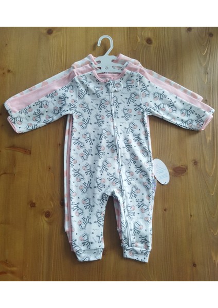Zebra Desenli 3lü Fermuarlı Kız Bebek Tulum