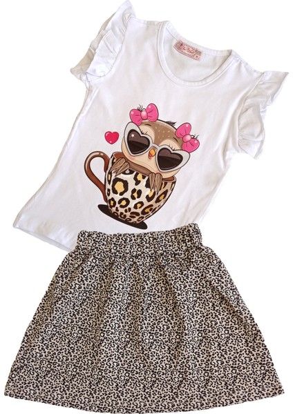 Çocuk T-Shirt ve Leopar Desenli Etek Takım