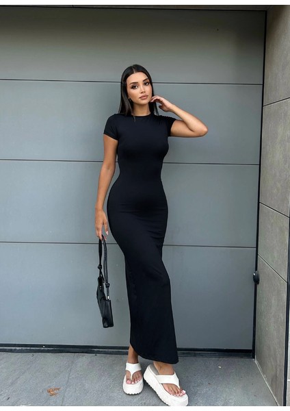 AB Looks Kadın Siyah Vücuda Oturan Esnek Kısa Kollu Maxi Kylie Elbise Günlük Basic Uzun Elbise Iç Göstermez