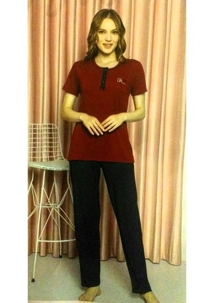Bambu Kısa Kol Kadın Pijama Takımı Puantiyeli